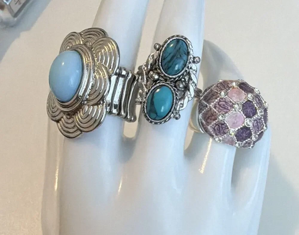 Lot of 3 Fashion Statement Rings Silver Tone Blue Pink Adjustable Mixed Styles